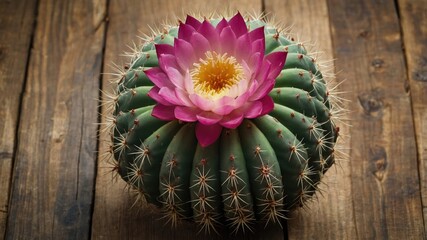 Poster - Cactus with pink flower on wooden background showcasing natural beauty and texture suitable for botanical designs copy space