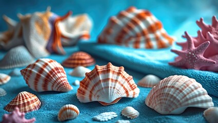 Poster - Colorful sea shells and starfish arranged on a blue background with soft textures and various shapes. Copy Space available.