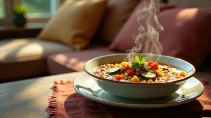 Wall Mural - Warm, fragrant vegetable stew in a comforting bowl, steaming gently on a sunlit table, a relaxing home scene