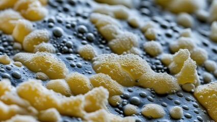 Poster - Close-up of textured surface with yellow foam and black background bubbles and droplets macro photography Copy Space
