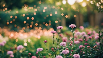 Poster - Blurred garden scene with pink flowers and glowing bokeh lights in the background depicting a tranquil outdoor atmosphere Copy Space