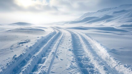 Poster - Tire tracks carve through the pristine snow, leading far into a vast, untouched winter landscape under a cloudy sky. The serene scene captures the beauty of a cold day.