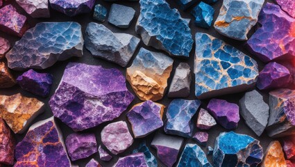 Poster - Colorful mineral rocks background with various textures and hues including purple, blue, and orange tones, suitable for decorative use. Copy Space