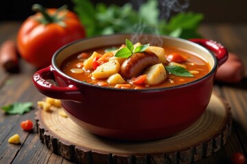 Wall Mural - Hearty Sausage and Potato Stew in a Rustic Red Pot with Fresh Herbs