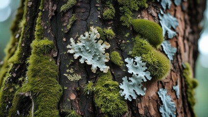 Poster - Close-up of textured tree bark with various types of green moss and lichen, showing intricate details and natural patterns, Copy Space