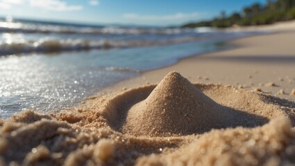 Poster - Close-up of a sand mound on a tropical beach with waves in the background and soft sunlight illuminating the scene Copy Space