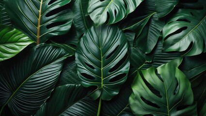 Poster - Tropical green palm leaves background in natural light with texture and patterns suitable for design use Copy Space