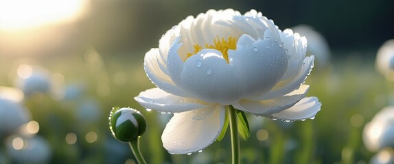 Poster - Close-up of a white peony flower with dewdrops surrounded by soft green foliage under sunlight Copy Space