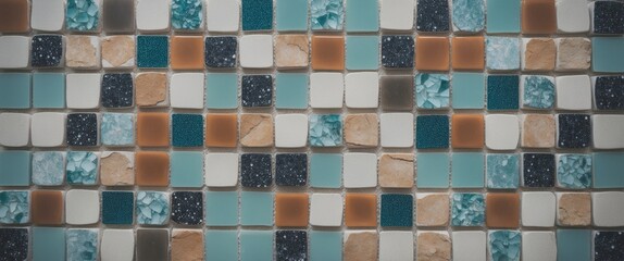 Poster - Colorful Mosaic Tile Pattern with Various Shades of Blue, White, and Brown in Structured Arrangement with Copy Space