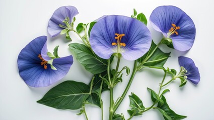 Poster - Purple flowers with green leaves arranged on a white background with Copy Space for text placement