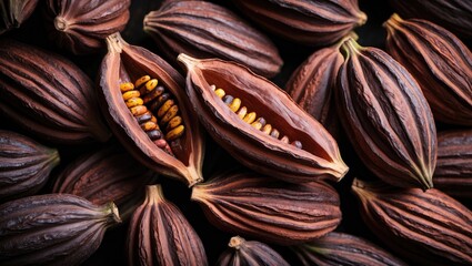 Poster - Cocoa pods displayed on a dark surface with opened pods revealing seeds and copy space for text