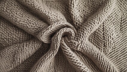 Poster - Close-up texture of knitted beige fabric showcasing intricate patterns and soft fibers with natural lighting and depth, Copy Space