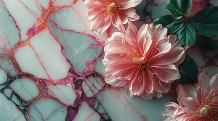 Poster - Pink flowers on marble background with intricate patterns of white, red, and black hues featuring natural leaves, Copy Space available