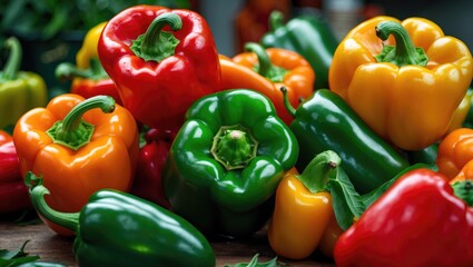 Poster - Colorful assortment of bell peppers including red, yellow, green and orange varieties arranged on a wooden surface with natural light. Copy Space