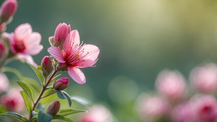 Poster - Delicate pink flowers blooming softly in sunlight with blurred green background and copy space for text placement.