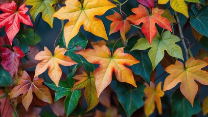Poster - colorful autumn leaves of ivy in various shades of red, orange, yellow, and green against a blurred 