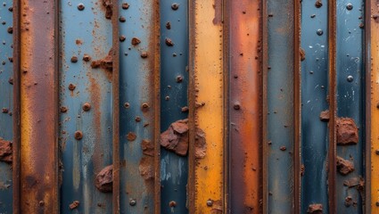 Poster - Rusty metal surface with vertical stripes and texture showing corrosion and discoloration Copy Space