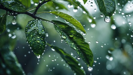 Poster - Close-up of green leaves with water droplets on them during rainfall with a blurred background and Copy Space