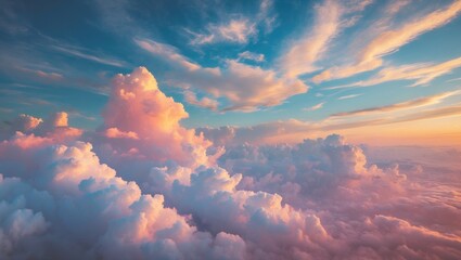 Poster - Colorful clouds at sunset with blue sky and light pastel hues in a serene atmosphere and ample copy space for text.