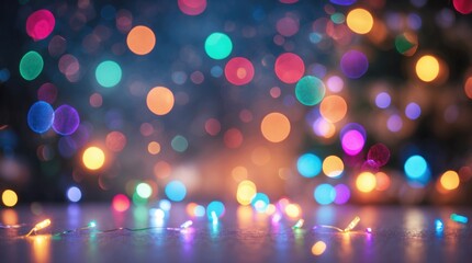 Poster - colorful bokeh lights with blurred background and ground surface illuminated by festive string light
