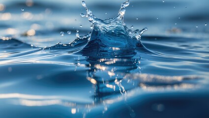Poster - Close-up of water splash creating ripples on the surface of a blue water body with reflections and bokeh effect Copy Space