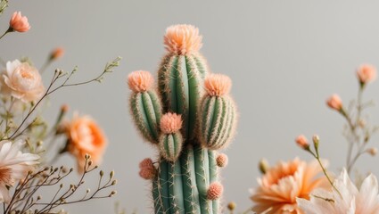 Poster - Cactus with pink flowers surrounded by soft pastel-colored blossoms on light background Copy Space