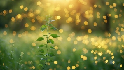 Poster - Close-up of a single green plant with blurred bokeh lights and soft golden sunlight in a natural outdoor setting Copy Space