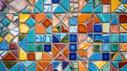 Poster - Colorful mosaic tile patterns with various shapes and sizes arranged artistically creating a vibrant textured background Copy Space