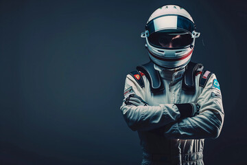 Wall Mural - Professional racing team lineup in helmets and gear, showcasing unity and determination in motorsport, generative AI