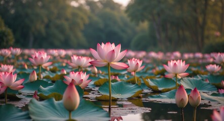 Poster - Lotus flowers blooming in tranquil pond during sunrise with lily pads and soft reflections in calm water
