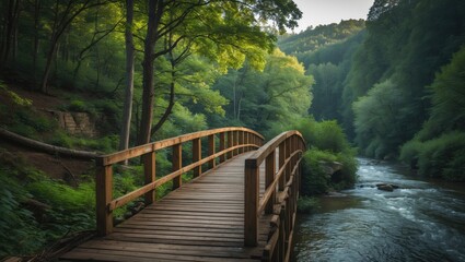 Poster - Wooden footbridge crossing a tranquil river surrounded by lush green forest during daylight with soft sunlight filtering through the trees Copy Space
