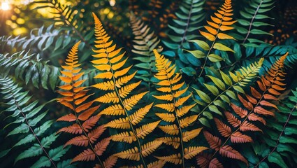 Poster - Colorful fern leaves in varying shades of green and orange illuminated by natural sunlight with soft bokeh background and Copy Space.