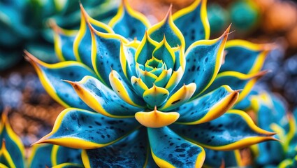 Poster - Colorful succulent plant with vibrant blue and yellow hues on detailed petals with soft focus background and ample copy space.
