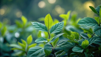 Poster - Green foliage with varying leaf shapes in soft focus natural background ideal for organic themes or botanical designs Copy Space