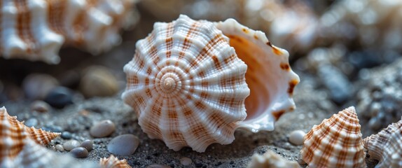 Poster - Close-up of marine seashells on sandy beach with shallow depth of field and soft focus Copy Space