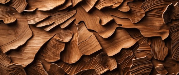 Poster - Wooden texture background with intricately carved layered patterns in rich brown tones suitable for various design applications Copy Space