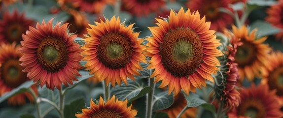 Poster - Vibrant sunflowers in shades of orange and red with green leaves in a natural setting providing Copy Space for text placement