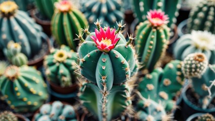 Poster - Colorful variety of cacti with blooming flowers in pots indoors with natural light and green foliage Copy Space