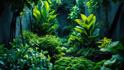 Poster - Lush indoor garden pathway with vibrant green plants and trees under soft natural light featuring abundant foliage and textures