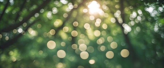 Poster - Soft focus bokeh background with sunlight filtering through green leaves creating circular light spots and copy space for text