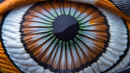 Poster - Close-up of butterfly wing detail showcasing vibrant orange, black, green, and white patterns resembling an eye with Copy Space