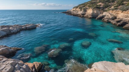 Poster - Coastal seascape with clear turquoise waters and rocky shoreline under a bright sky in a natural landscape setting Copy Space