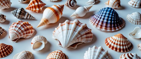 Poster - Collection of various colorful seashells arranged on a flat surface with natural lighting ideal for background design Copy Space
