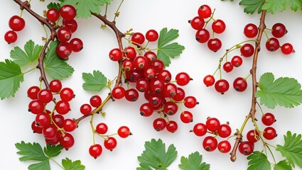 Poster - Fresh red currants with green leaves arranged on a white background Copy Space