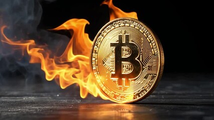 Poster - Fire engulfs golden Bitcoin symbolizing volatility and risk in cryptocurrency market