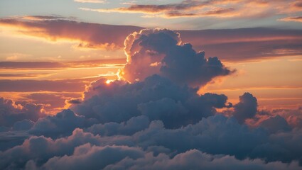 Poster - Dramatic sunset clouds with vibrant colors at dusk showcasing an expansive sky with soft cloud formations and light rays Copy Space