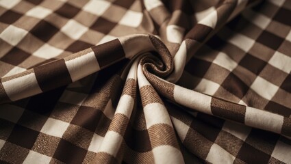 Poster - Brown and beige checkered fabric texture with folds and waves showing intricate patterns and soft textile material Copy Space