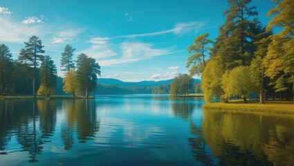 Poster - Landscape view of tranquil lake surrounded by tall trees under clear blue sky with reflection on water surface - Copy Space