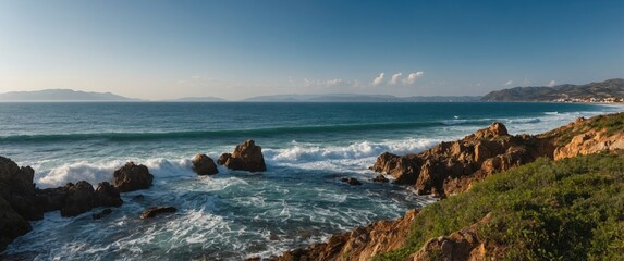 Poster - Coastal landscape with rocks and waves under clear blue sky and distant mountains in background, ideal for serene nature scenes with Copy Space