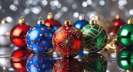 Poster - Colorful Christmas ornaments reflecting on a surface blur background with bokeh lights and copy space for text placement